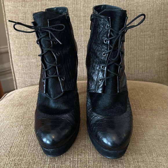 Stuart Weitzman leather & pony hair platform boots. - Picture 2 of 7